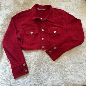 Miller Jeans Deluxe red denim cropped jacket with silver buttons